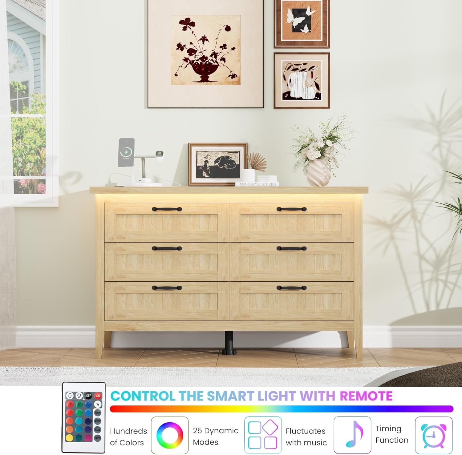 Garvee 6 Drawer Dresser with Power Outlet, Natural Dresser with LED Light, Modern Chest of Drawers for Closet, Double Wide Drawer Organizer Cabinet for Bedroom, Living Room