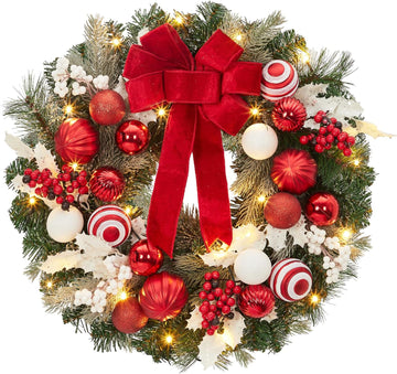 Garvee Pre-Lit Christmas Wreath for Front Door, 24 Inch Large Lighted Wreath with Xmas Balls, Red Bow & Berries, Battery Operated Christmas Wreath for Fireplace Window Wall Xmas Decoration, Red