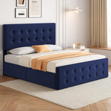 Garvee Queen Size Bed Frame with 4 Storage Drawers and Headboard, Velvet Upholstered Platform Bed Frame with Wooden Slats Support, Button Tufted Design, No Box Spring Needed, Blue - Blue flannel