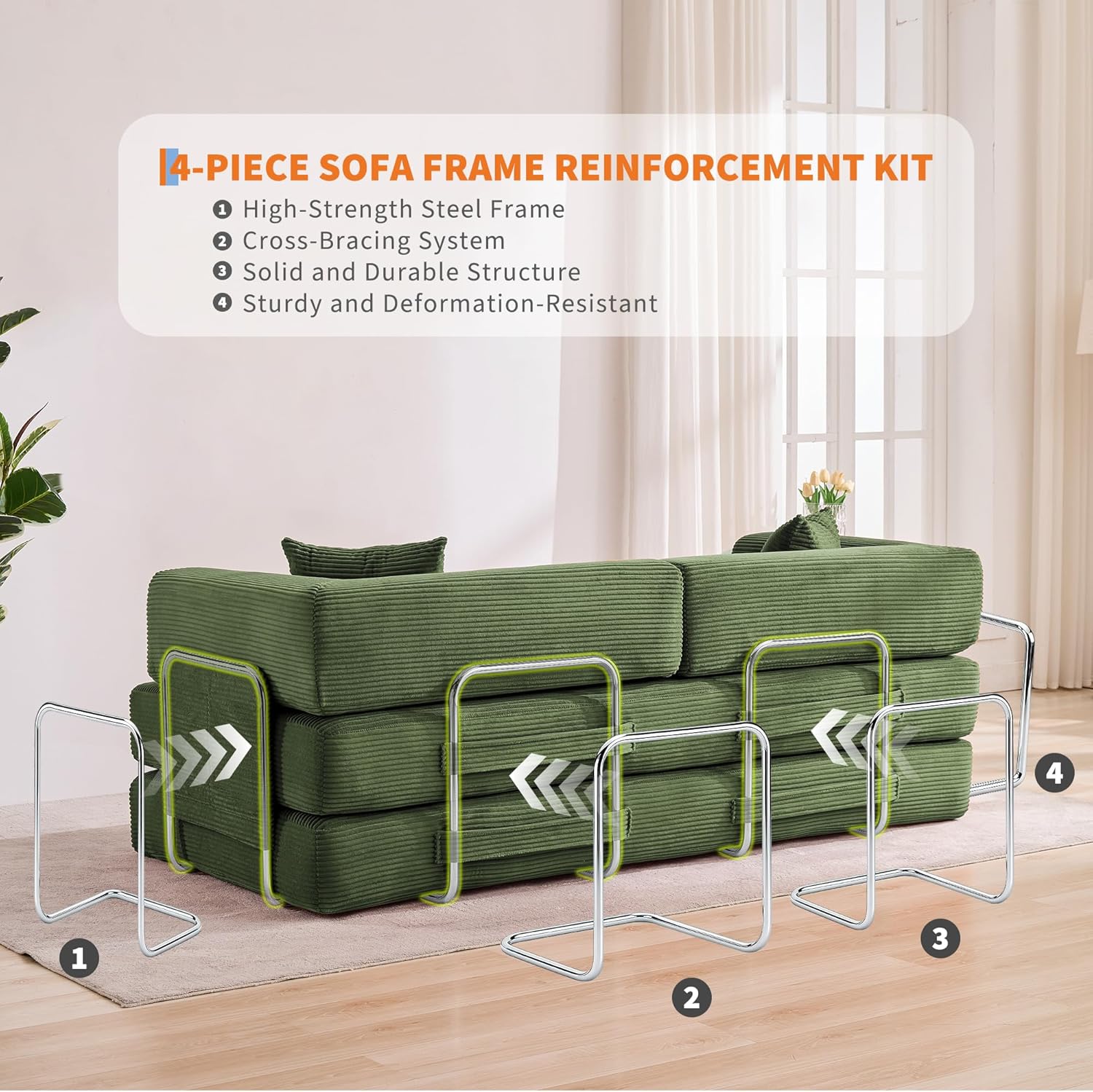 Garvee Convertible Sleeper Sofa Bed, 78.8" Floor Sofa Bed, 5-in-1 Folding Mattress Couch Loveseat with Fixed-Shape Frame, Pillow, Corduroy Fabric for Living Room Bedroom Lounge, Green