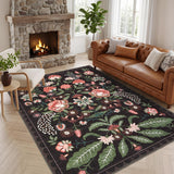 Garvee 8x10 Floral Washable Area Rug Vintage Soft Low Pile Non-Shedding Carpet for Living Room Bedroom Nursery Black - Purple-Black