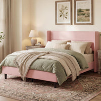 Garvee Full Bed Frame with Wingback Headboard, Velvet Upholstered Platform Bedframe with Sturdy Wooden Slats Support Full Size, No Box Spring Needed, Easy Assembly, Pink