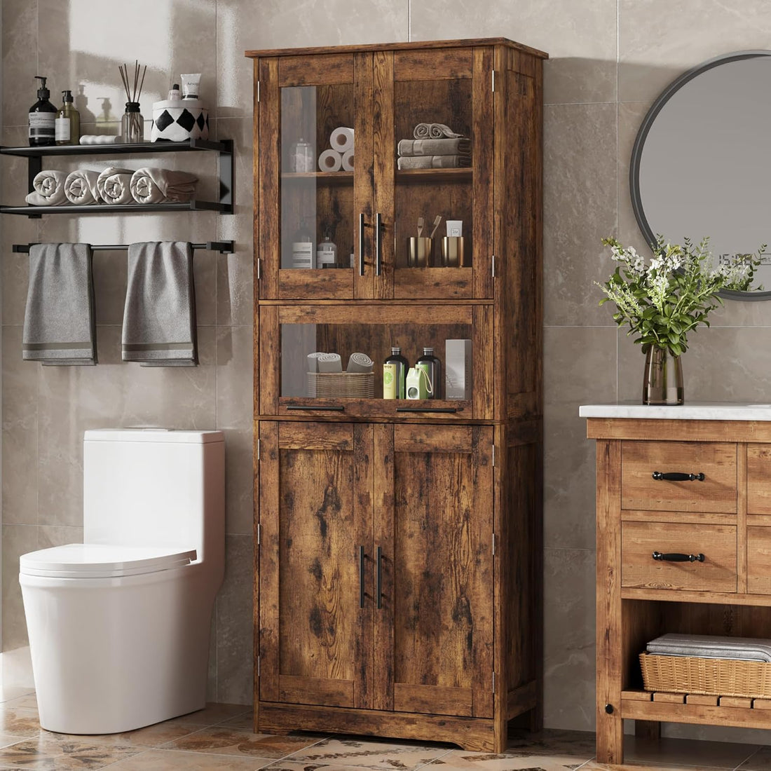 Garvee Retro Freestanding Bathroom Storage Cabinet with Double Glass Doors and Spacious Sliding Drawer, Rustic Brown