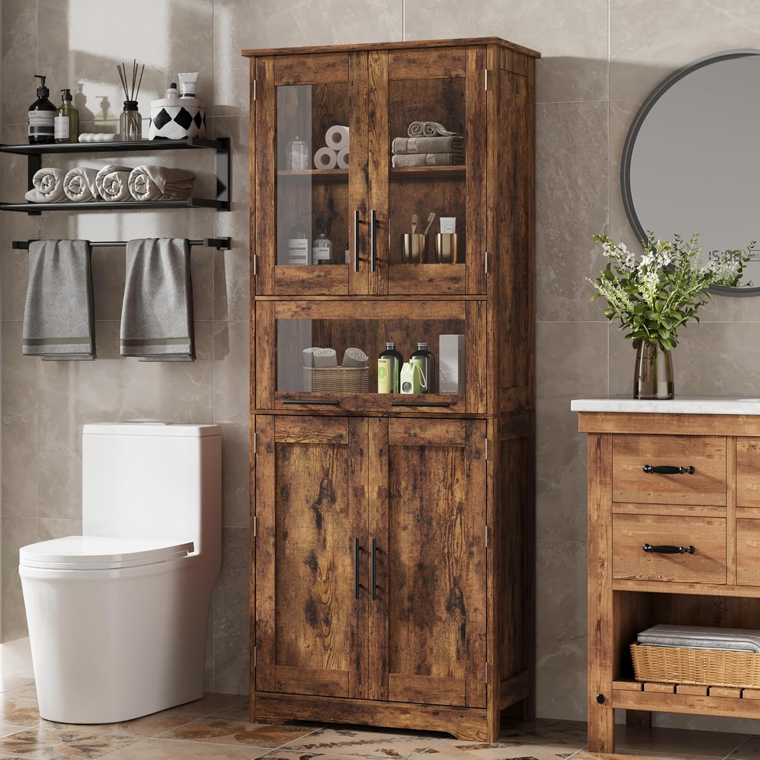 Garvee Retro Freestanding Bathroom Storage Cabinet with Double Glass Doors and Spacious Sliding Drawer, Rustic Brown