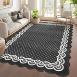 Garvee Scalloped Black 8x10 Washable Area Rug, Modern Neutral Living Room Rugs Large Scalloped Farmhouse Rug Abstract Bordered Carpet for Bedroom Apartment Table Dorm Nursery - Black