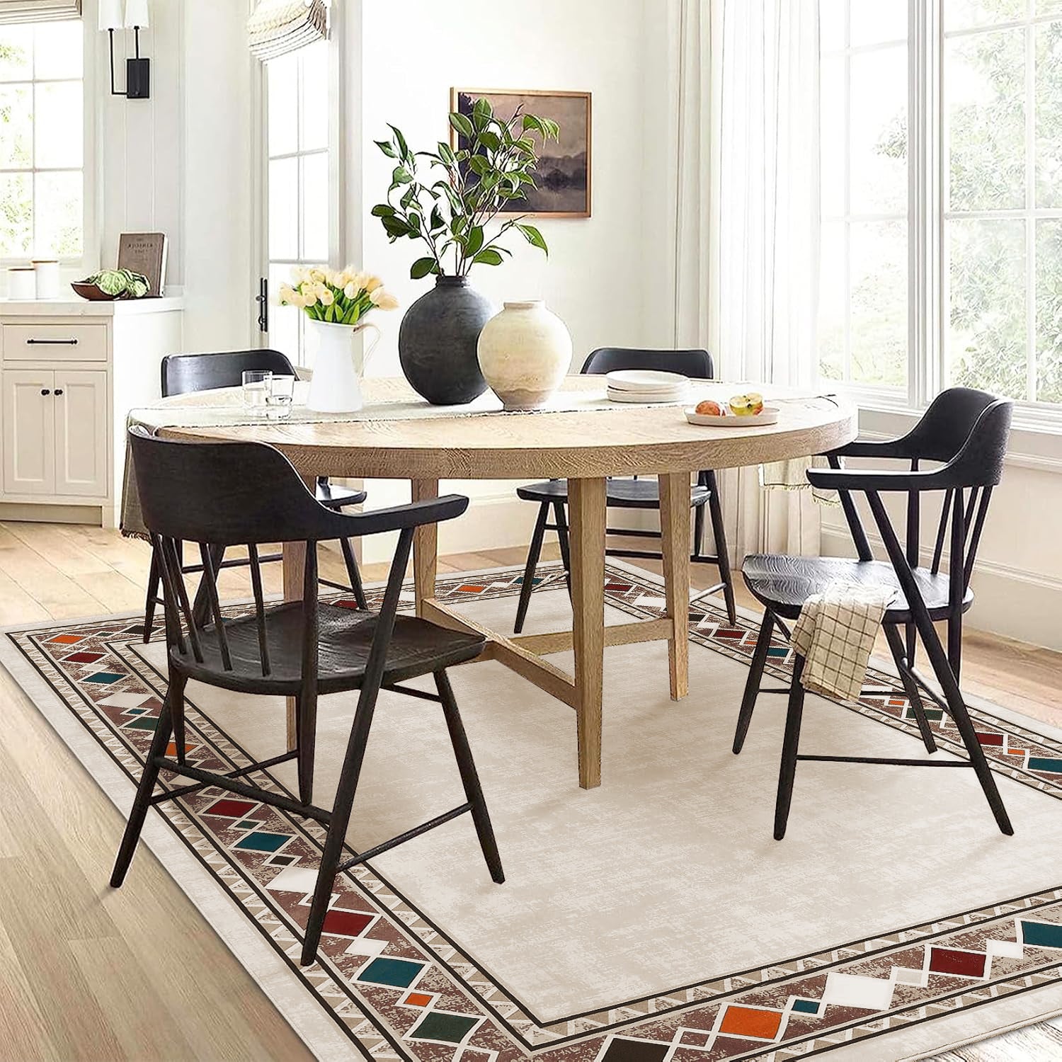 Garvee Bordered Beige 8x10 Rug Washable Stainproof Non-Slip Carpet Minimalist Floor Mat for Living Room, Bedroom, Farmhouse