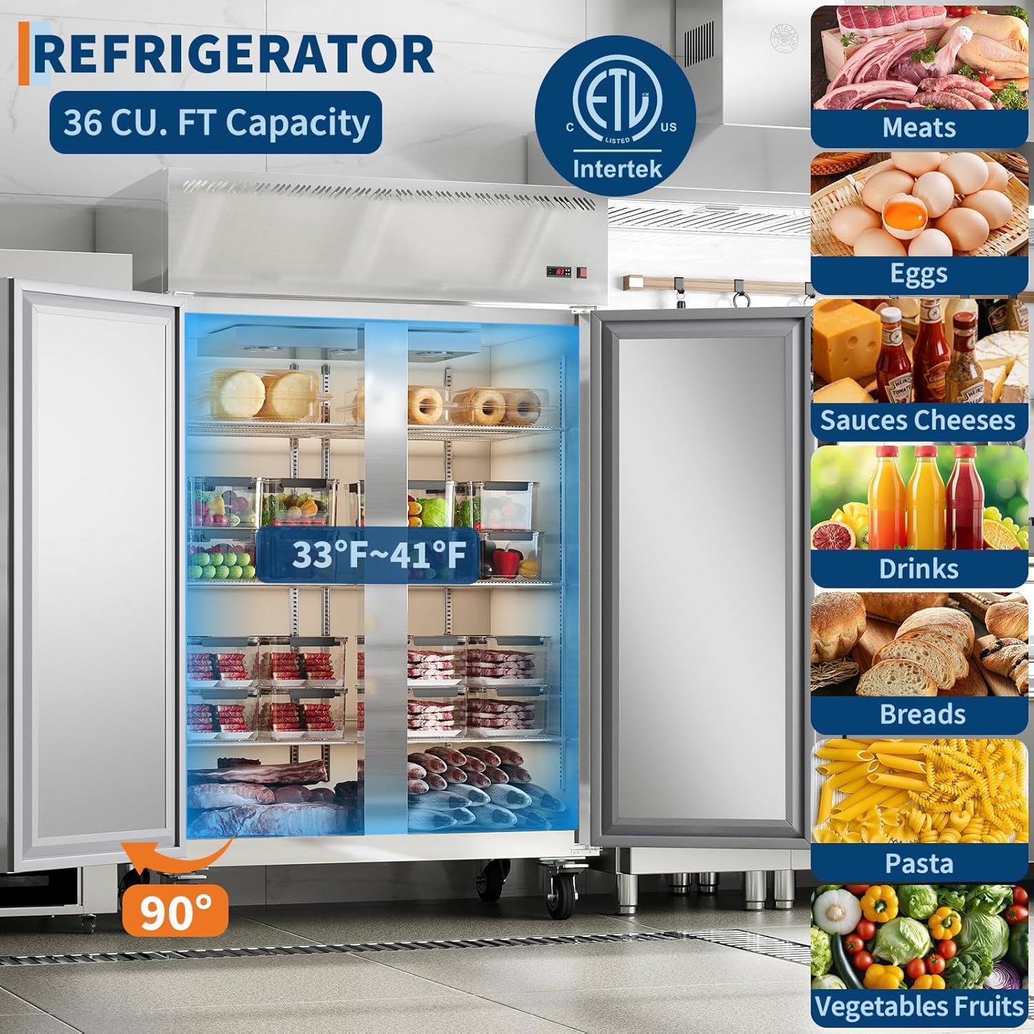 Garvee 48" W Commercial Refrigerator 33-41°F,Reach-in 36 Cu.ft 2 Door Stainless Steel Commercial Refrigerator Fan Cooling,6 Adjustable Shelves, Auto Defrost, for Restaurant,Bar,Kitchen,Shop