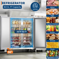 Garvee 48" W Commercial Refrigerator 33-41°F,Reach-in 36 Cu.ft 2 Door Stainless Steel Commercial Refrigerator Fan Cooling,6 Adjustable Shelves, Auto Defrost, for Restaurant,Bar,Kitchen,Shop