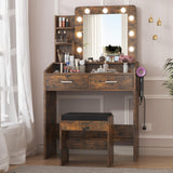 Garvee Vanity Desk with Mirror and Lights, Makeup Vanity with Power Outlet & Cushioned Stool, 3 Lighting Modes Adjustable Brightness, Dressing Table with Hairdryer Holder for Bedroom, Rustic Brown - Rustic Brown