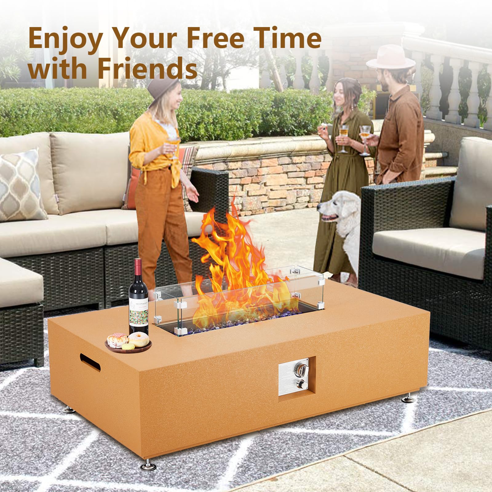Propane Fire Pit Table with Ice Bucket，50000BTU Fire Table with 13 Inch Square Drink Ice Bucket Wind Guard, Fire Glass Beads & CSA Safety Certified Outdoor Firepit for Patio Yard Garden