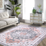 Garvee Vintage Boho Area Rug, Machine Washable Floral Distressed Area Rugs Traditional Chic Carpet Coffee Table Rug Farmhouse Dining Table Rug Office Bedroom Decor, Medallion Peach, 8' x 10' - Orange Red