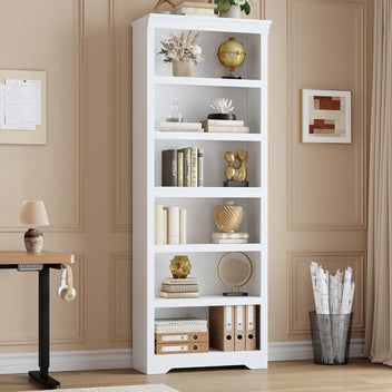 Garvee 6 Tier Bookshelf, 75" Tall Farmhouse Bookcase with Adjustable Shelves, 23.6" W Floor Standing Open Display Storage Rack with Anti-Slip Design for Home Office, Balcony, Library, Study / Living Room, White