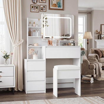 Garvee Vanity Desk with Mirror and Lights, 36-Inch Modern Makeup Dressing Table with Outlets, 4 Drawers, Stool & Hair Dryer Holder - 3 Colors LED Vanity Mirror, Vanities for Bedroom, Women, White