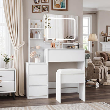 Garvee Vanity Desk with Mirror and Lights, 36-Inch Modern Makeup Dressing Table with Outlets, 4 Drawers, Stool & Hair Dryer Holder - 3 Colors LED Vanity Mirror, Vanities for Bedroom, Women, White