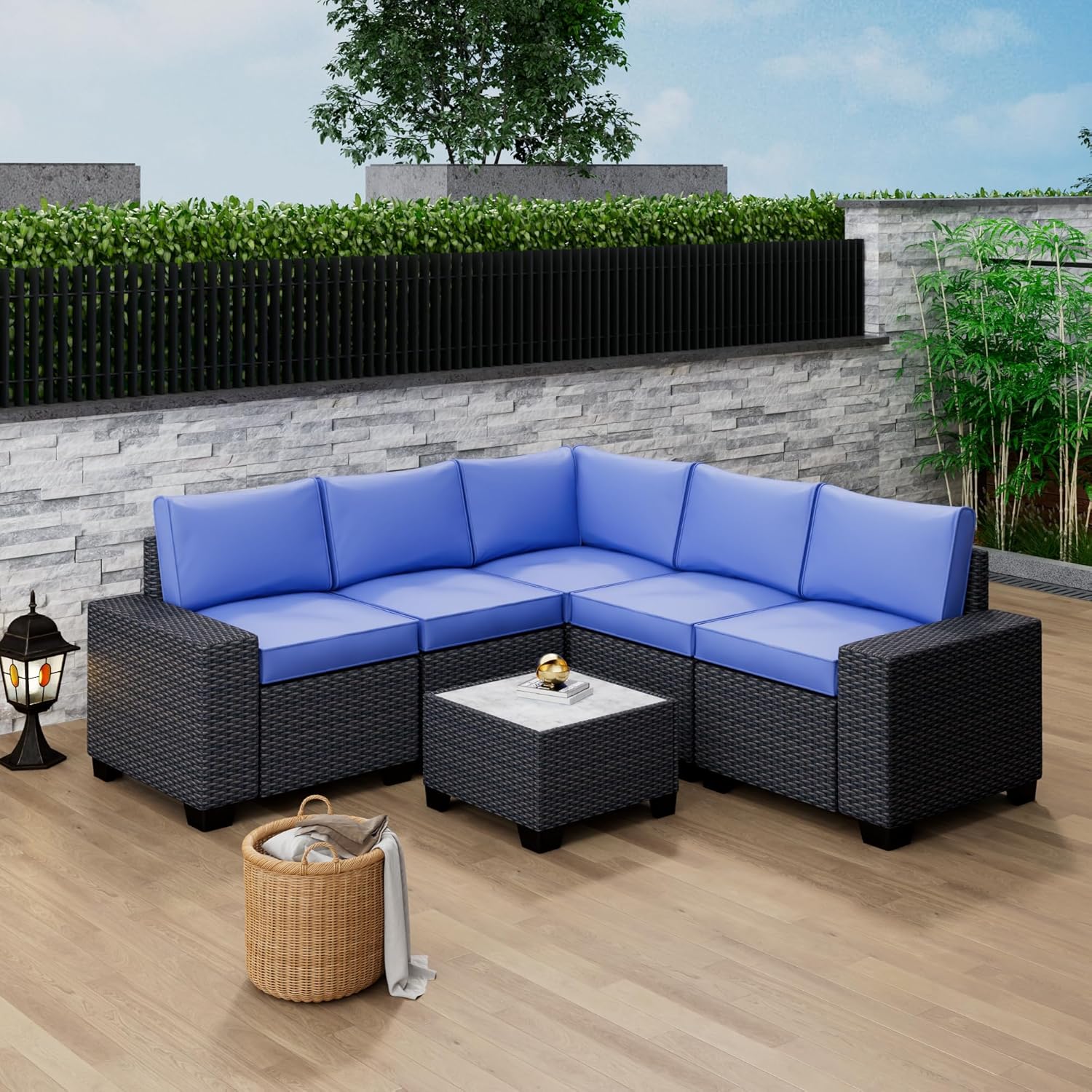 Garvee 6-Piece Outdoor Patio Sofa Set – All-Weather PE Rattan Wicker – Modular Conversation Furniture with Thick Cushions & Coffee Table – Garden, Poolside, Balcony, Coffee & Blue