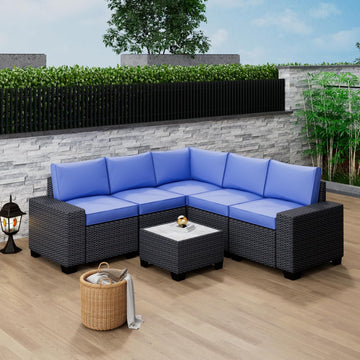 Garvee 6-Piece Outdoor Patio Sofa Set – All-Weather PE Rattan Wicker – Modular Conversation Furniture with Thick Cushions & Coffee Table – Garden, Poolside, Balcony, Coffee & Blue