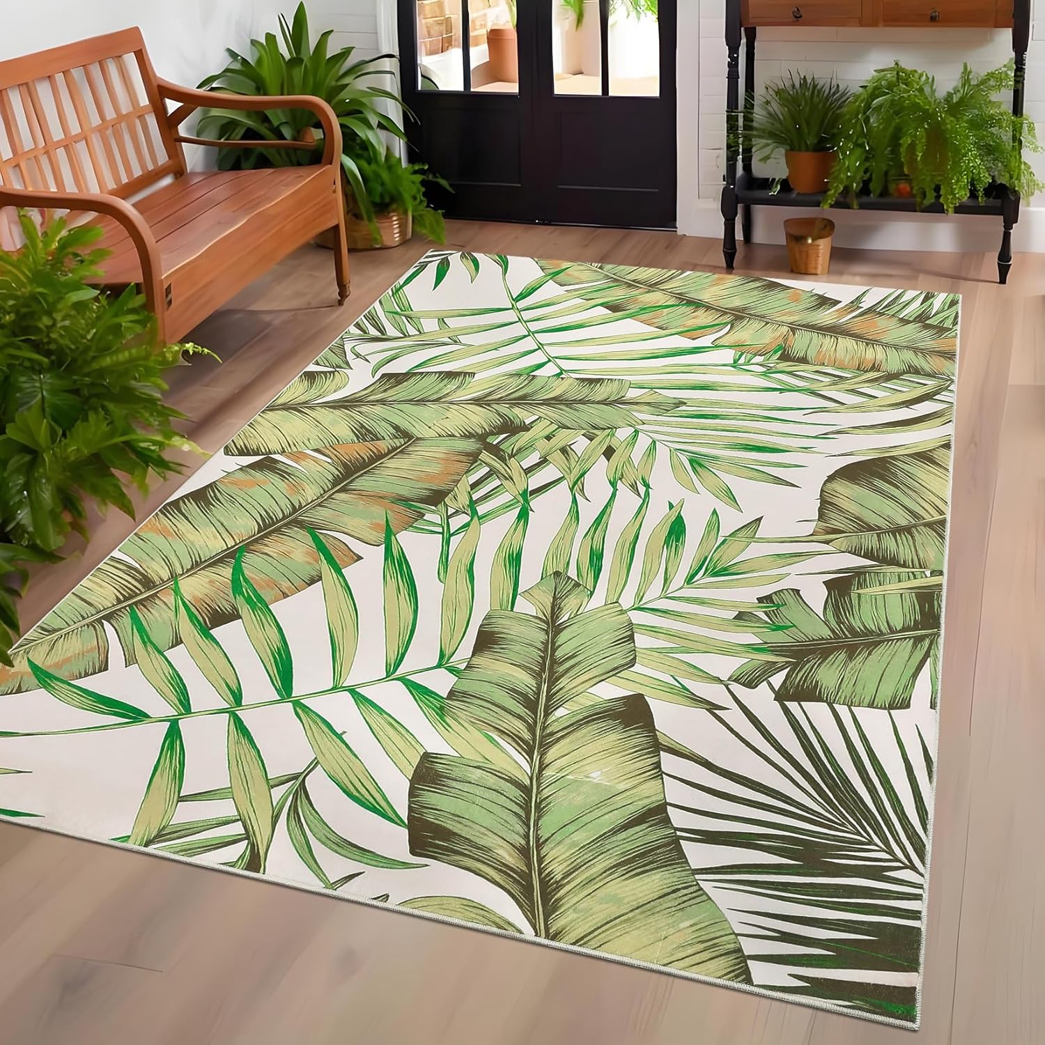 Garvee Modern Botanical DesignTropical - Palm Leaf Area Rug , Non Slip, Soft, Washable for Living Room, Bedroom, Office, Non Shedding