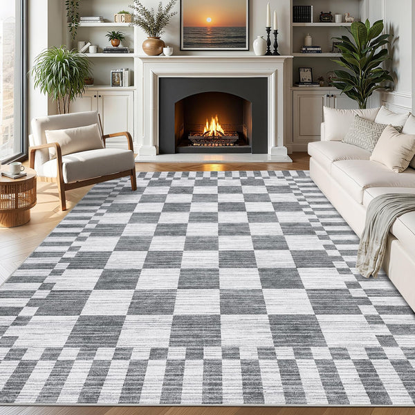 Garvee Grey Checkered Rug 6x9 Non-Slip Washable Soft Low-Pile Modern F