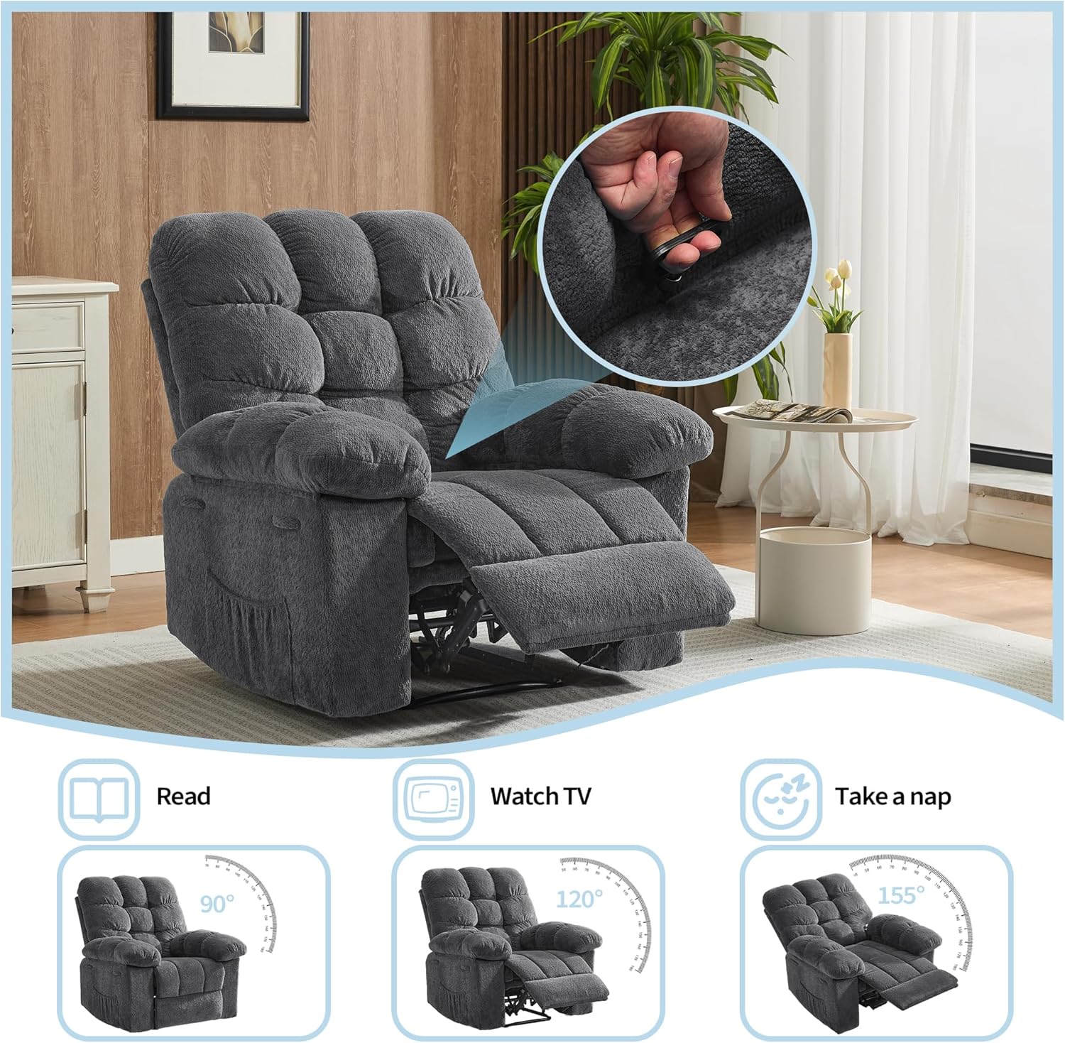Garvee Manual Recliner Chair for Living Room, Overstuffed Fabric Reclining Sofa with Side Pockets, Ergonomic Upholstered Lazy Chair with Q235 Steel Frame for Adults (Grey)