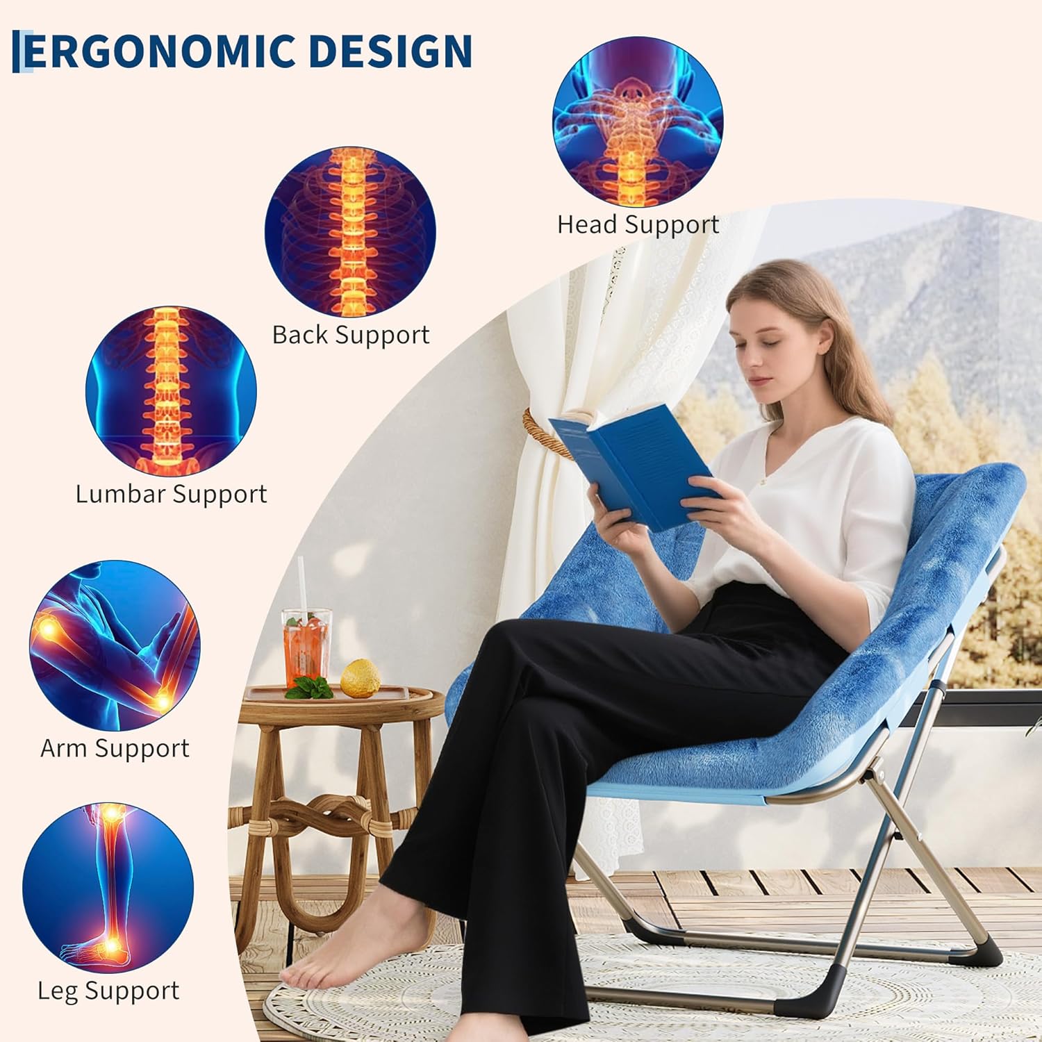 Garvee Folding Saucer Chairs for Adults, Comfy Faux Fur Lazy Chair with Metal Frame, 300 LB Capacity, No Assembly Required for Living Room, Bedroom, Dorms, Blue
