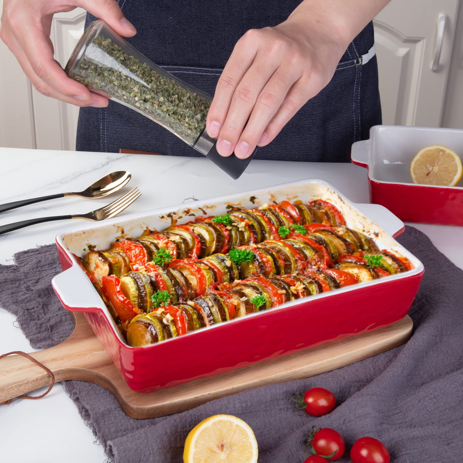 Garvee Ceramic Baking Dish Set of 3, Rectangular Casserole Dish for Oven with Handles, Deep Lasagna Baking Pans for Cooking, Kitchen, Cake Dinner, Banquet, Daily Use, Red