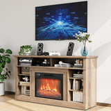 Garvee 58 Inch Farmhouse TV Stand With Electric Fireplace, Wood Entertainment Center Tv Console Cabinet With Open Storage Shelves, 23" 1400W Fireplace With Remote Control 3 Level Adjustable Flame Timer - Wood Color