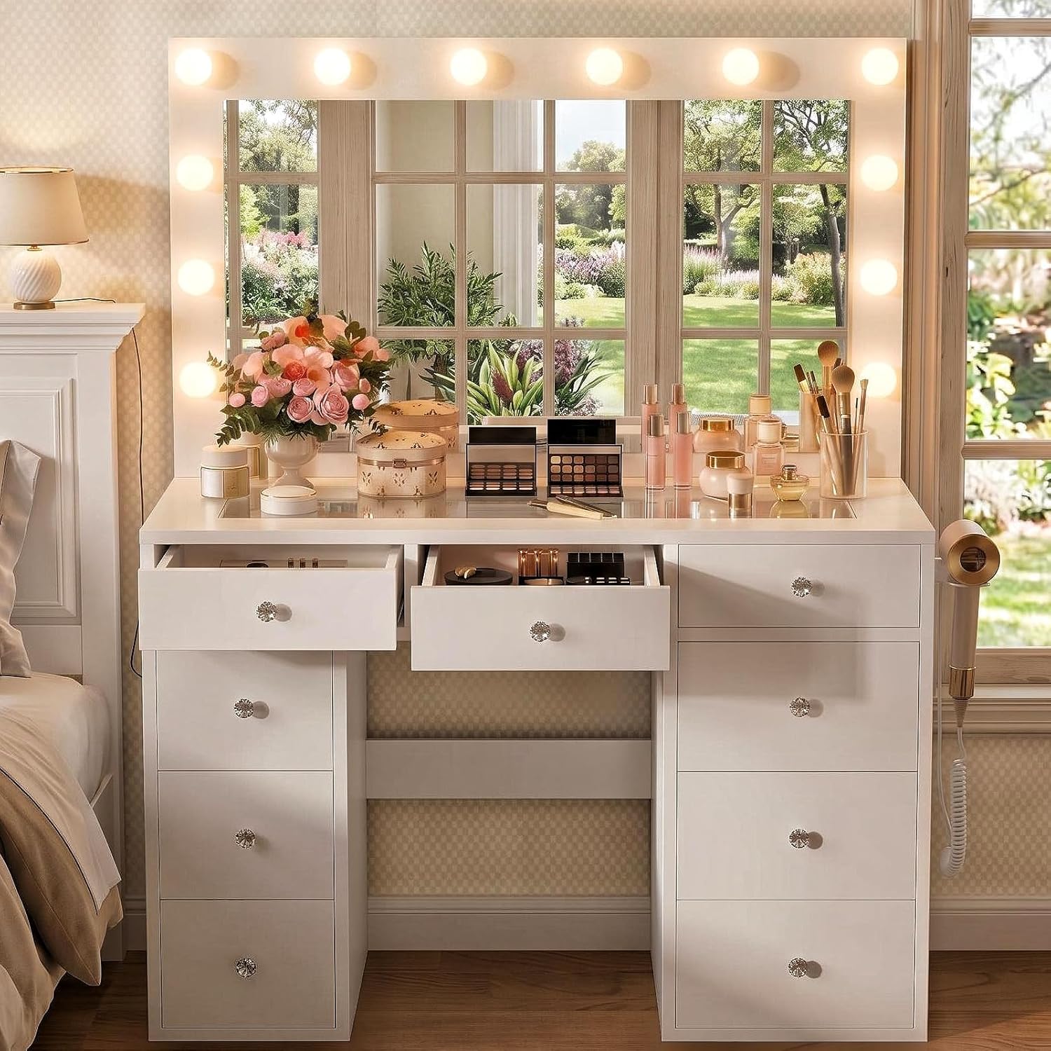Garvee Vanity Desk With Mirror and Lights, 3-Color Lights Adjustable Brightness Make Up Dressing Table