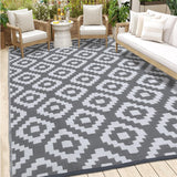 Garvee Outdoor Grey & White 9x12 Rug for Patios Reversible Mats Waterproof Plastic Straw Rug Modern Geometric Floor Mat for Patio Porch RV Backyard Pool Deck Picnic Beach Trailer Camping - Gray & White