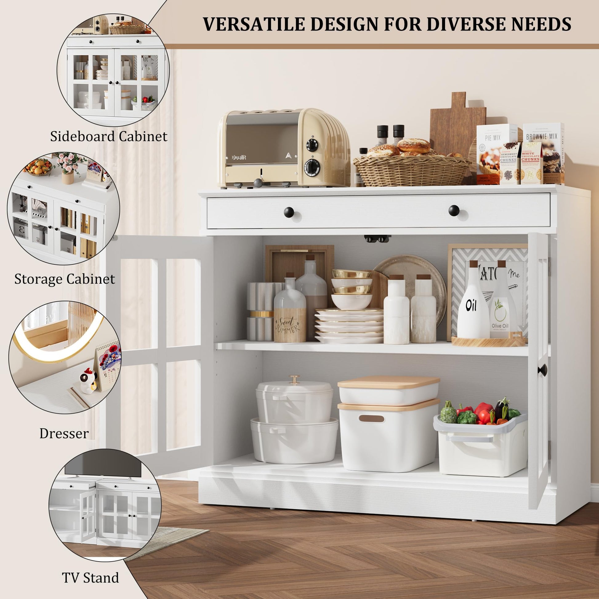 White wooden cabinet with glass-paneled doors, black knobs, and a top surface decorated with flowers, candles, and decor items.