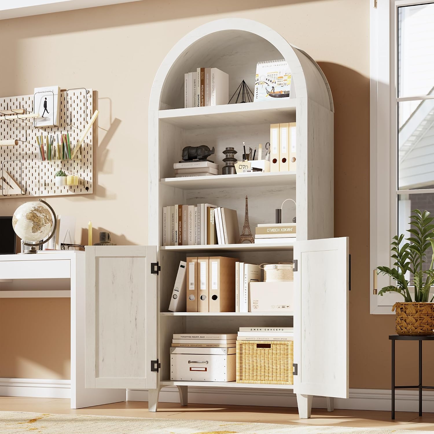 Garvee 5-Tier Arched Bookcase, Bookshelf with Adjustable Shelves, Home Office Shelf Storage Organizer, Floor Standing Display Storage Shelves for Bedroom/Living Room, White