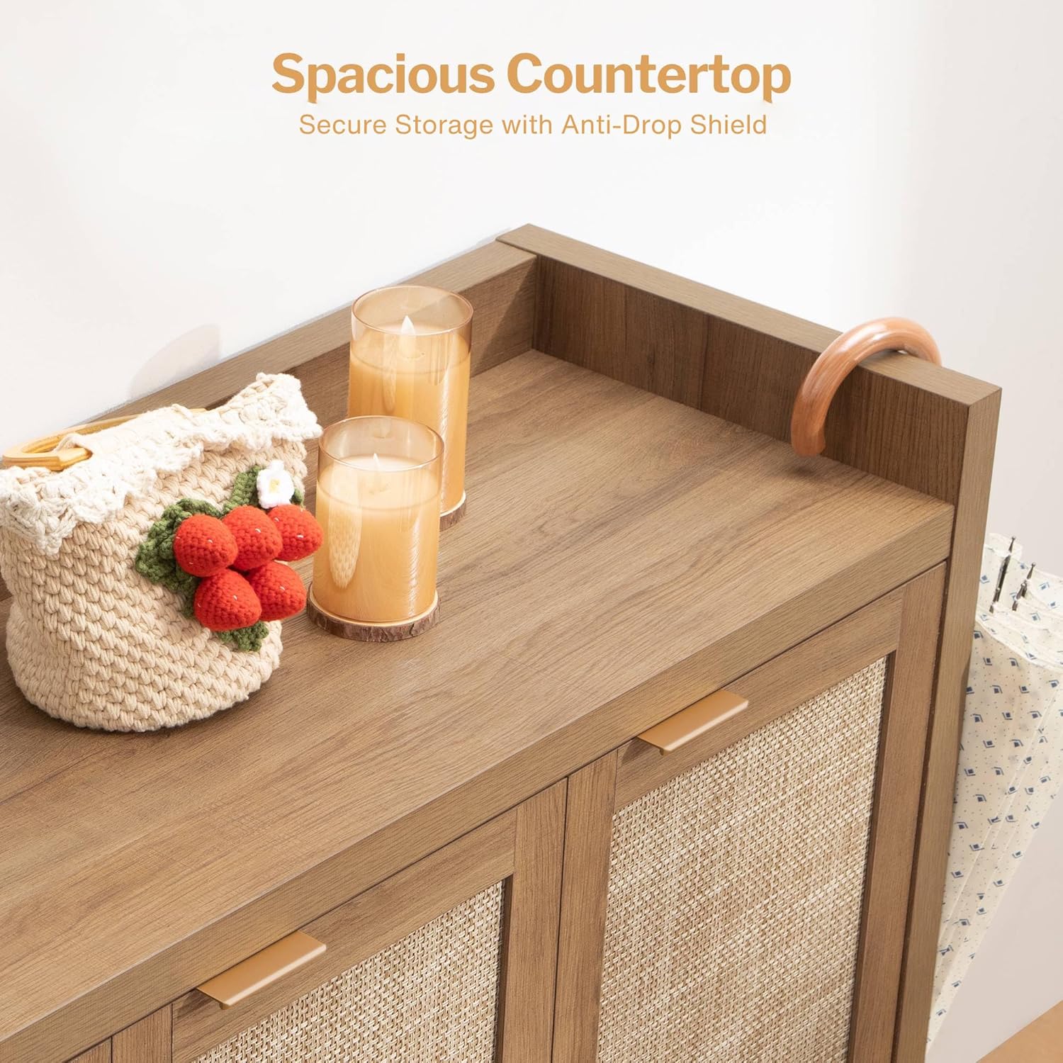 Garvee Boho 47" Rattan Shoe Storage Cabinet with 3 Doors and Adjustable Shelves for Hallway Living Room, Dark Oak