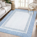 Garvee Bordered Light Blue 9x12 Machine Washable Area Rug – Modern Soft, Non-Slip, Low-Pile Lightweight Carpet for Living Room or Bedroom - Light Blue
