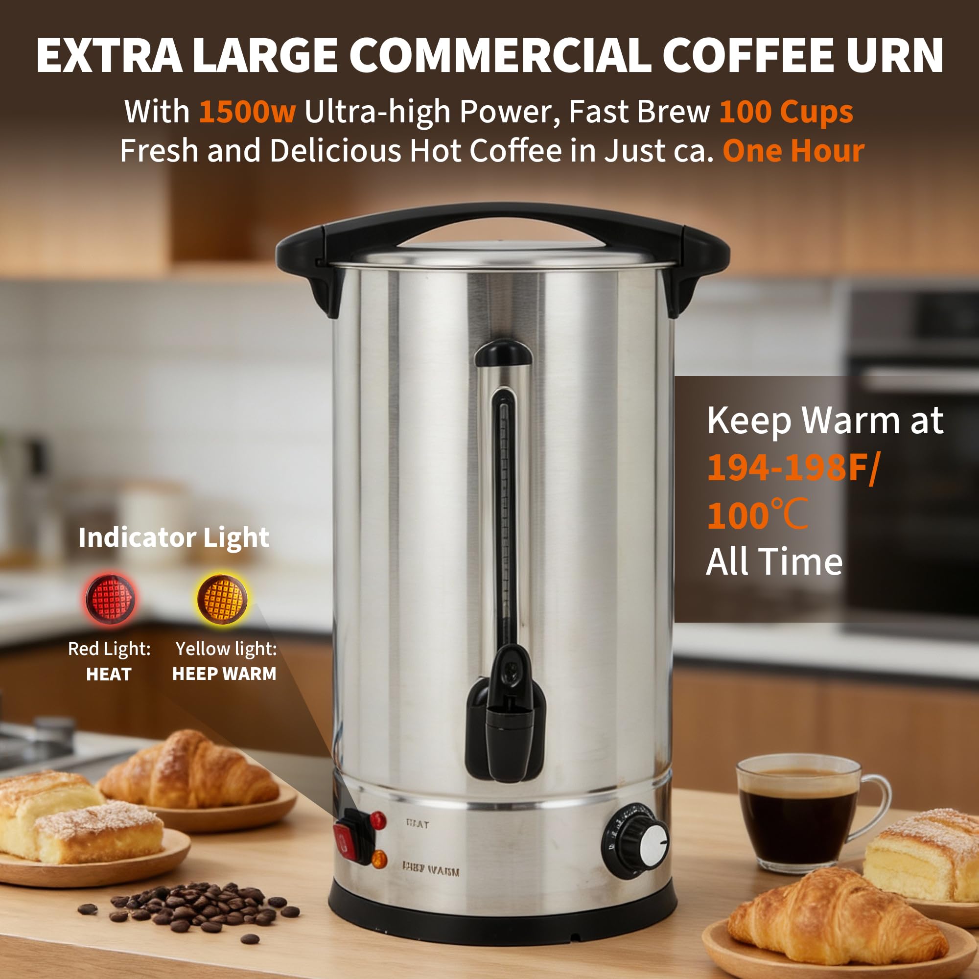 Garvee 14 L/100 Cups Coffee Urn Double Wall Stainless Steel Coffee Maker for Buffet Catering Wedding Gathering Silver