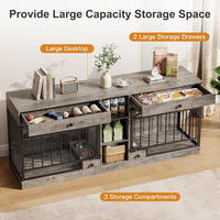 Garvee Dog Crate Furniture for 2 Dogs, 78.7" Large Dog Kennel Indoor with 2 Storage Drawers, 3 Shelves and Feeding Bowls, Double Dog Crate TV Stand for Small and Medium Dogs, Gray