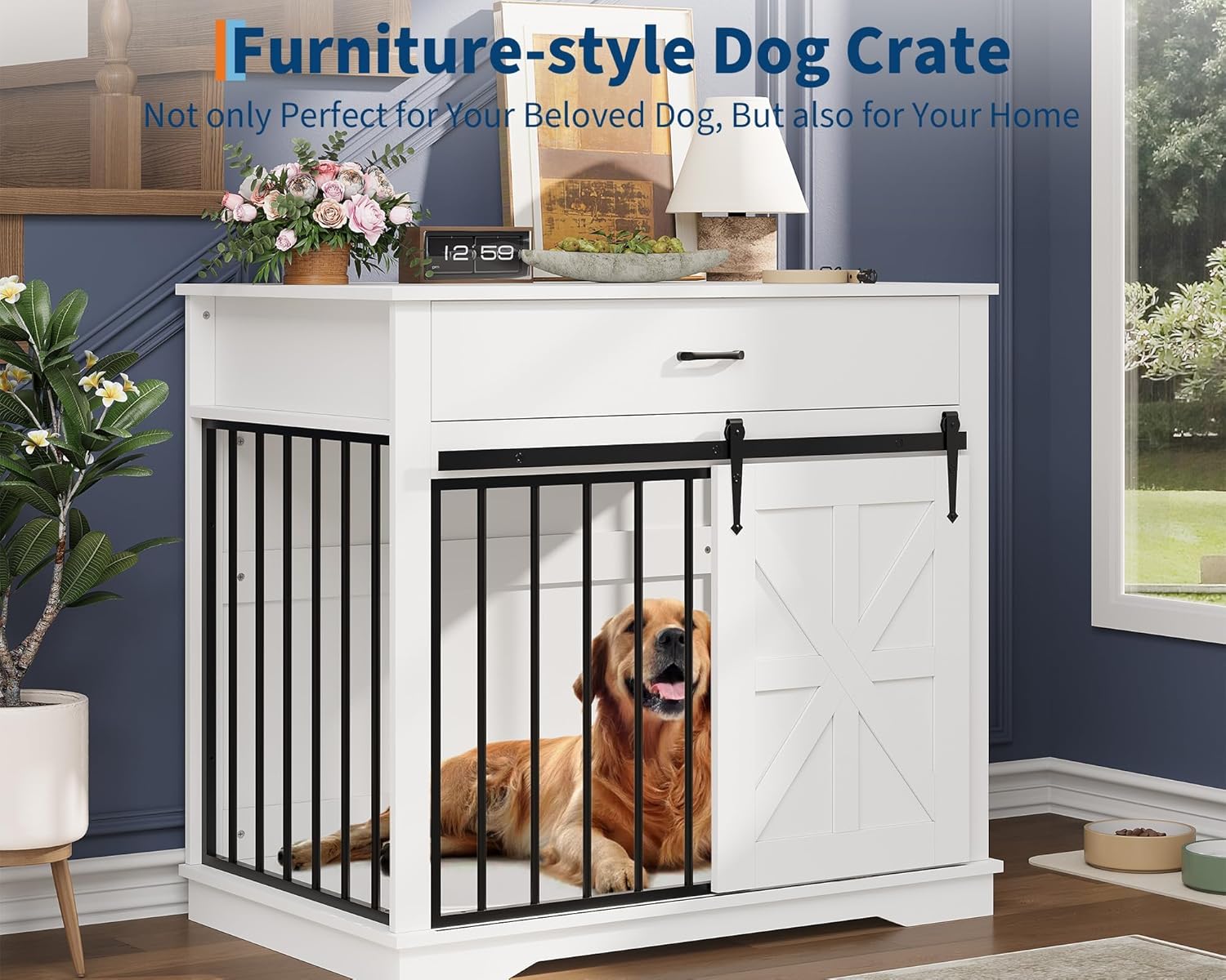 Garvee 37.8"W Dog Crate Furniture for Small/Medium Dogs, 2-in-1 Iron-Wood Fusion Dog Cage Indoor As Side End Table, Farmhouse Dogs Kennel with Sliding Barn Doors & Storage Drawer, White