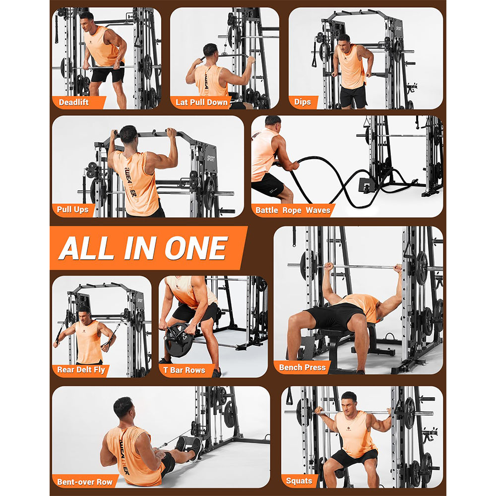 Garvee Smith Machines Home Gym with Bench, Squat Rack, Dual LAT Pull-Down Systems & Cable Crossover for Full-Body Workouts, Adjustable, Black