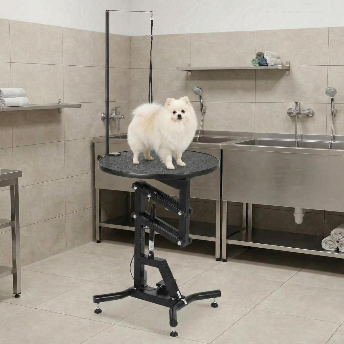Garvee 24" Hydraulic Dog Grooming Table, Heavy Duty 360° Rotating Grooming Table Adjustable Overhead Arm & Noose for Small Dogs, Round Pet Grooming Station, 210 Lbs Weight Capacity, Black