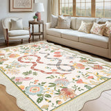 Garvee 9x12 Scalloped Area Rug Non-Slip Low Pile Floral Design Beige Machine Washable for Living Room Bedroom Kids Room - Beige
