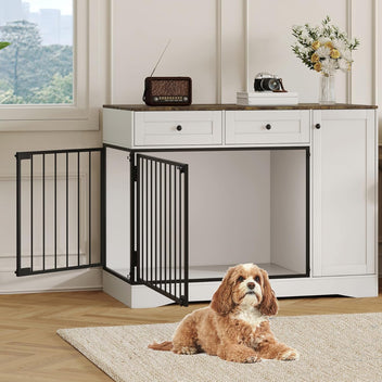 Garvee Farmhouse Dog Crate Furniture, 47" Modern Indoor Kennel with Double Doors, TV Stand & Buffet Cabinet, Dog Cage End Table with 2 Drawers & Storage for Small & Medium Dogs