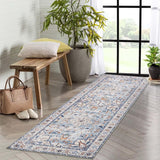 Garvee Runner Rug 2x6 Feet Washable Vintage Medallion Hallway Runner, Non-Slip Stain Resistant Area Rug Traditional Distressed Kitchen Mat Entryway Carpet Runner for Doorway Bedside, Blue - Blue