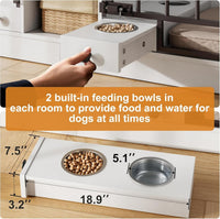 Garvee Dog Crate Furniture for 2 Dogs, 78.7" Large Dog Kennel Indoor with 2 Storage Drawers, 3 Shelves and Feeding Bowls, Double Dog Crate TV Stand for Small and Medium Dogs, White&Brown Top