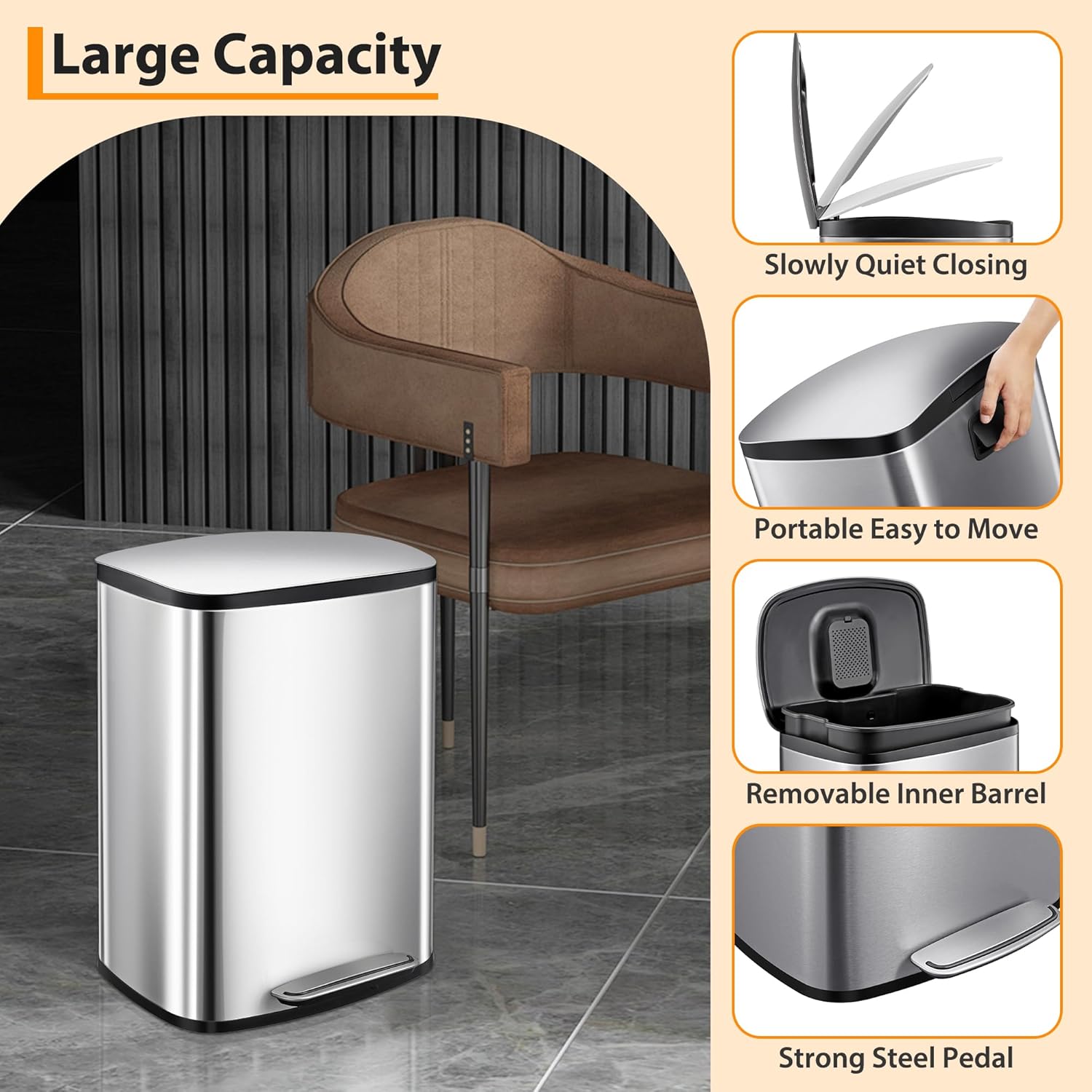 Garvee 13Gal Stainless Steel Kitchen Trash Can, 50L Pedal Heavy Duty Hands-Free Garbage Can, Commercial Brushed Step Waste Bin for Bathroom Bedroom Home Office