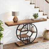 Garvee 55" Console Table Industrial Hallway Sofa Table with Storage Shelves Living Room Hallway, Brown - Brown