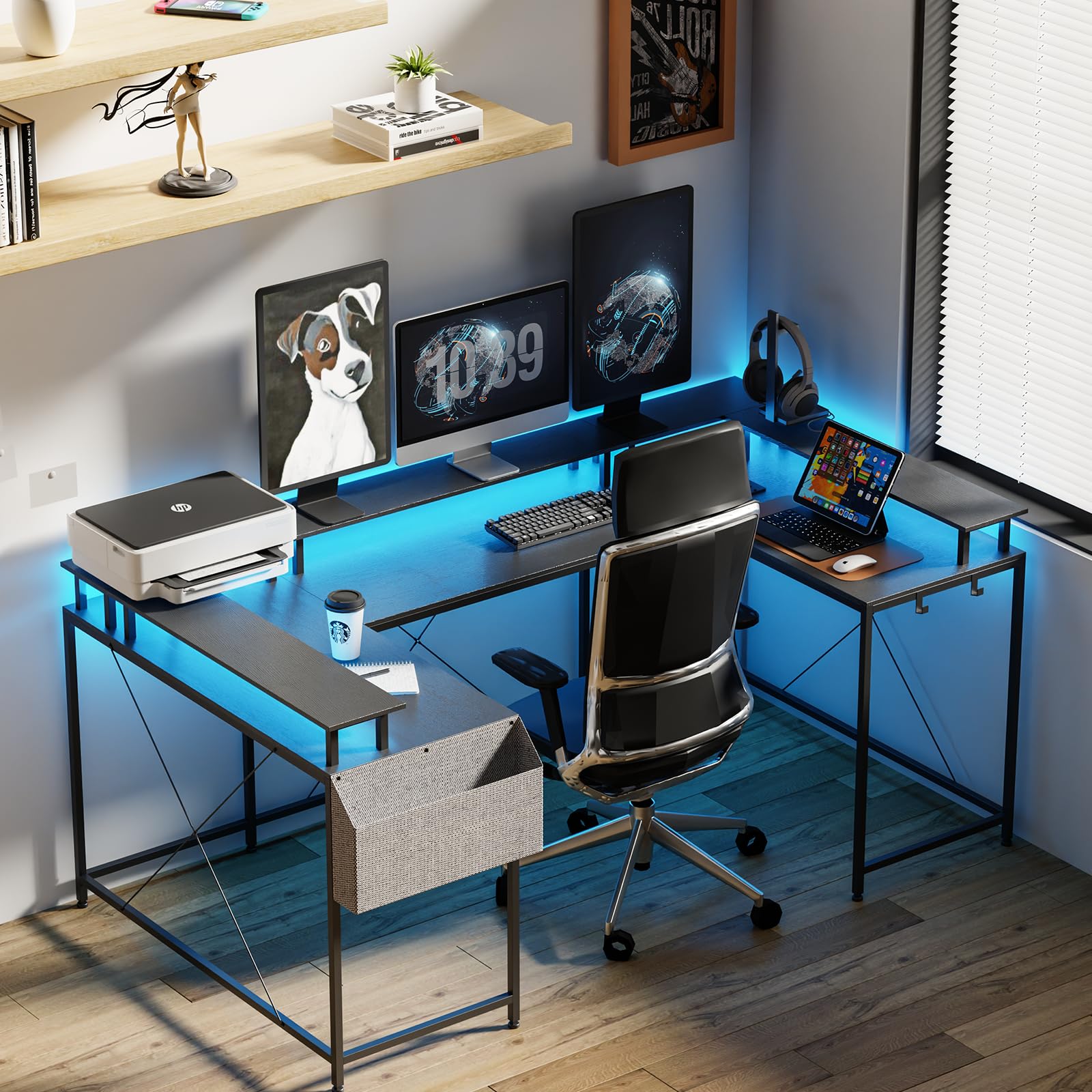126" U-Shaped Gaming Desk with LED Lights & Monitor Stand
