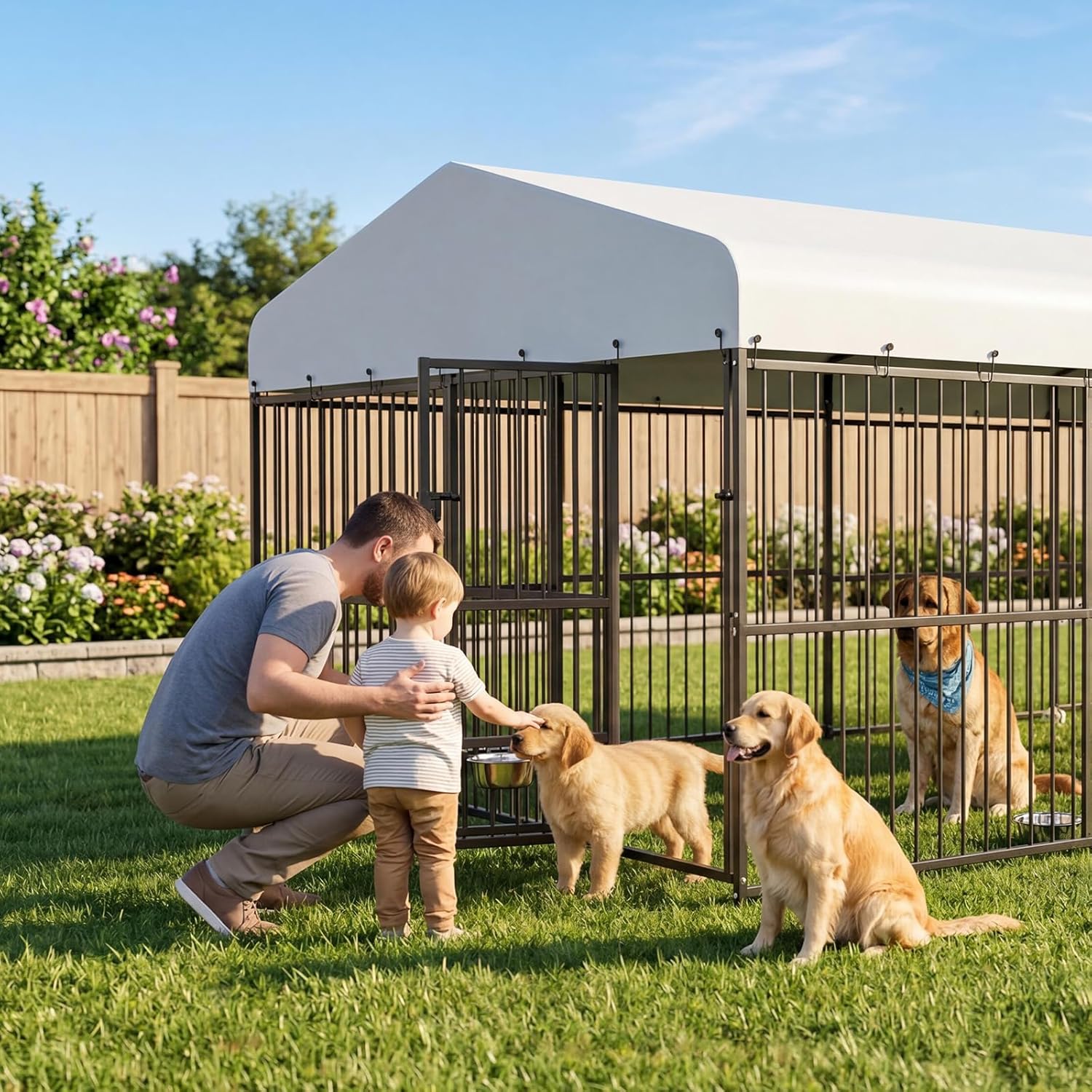 Garvee Outdoor Heavy Duty Large Dog Kennel, Walk-in Dog Cage with Metal Gate & Secure Lock, Large Dog Enclosure with Waterproof Roof, Includes Feeding Doors & Bowls for Backyard, 10x15x6 ft