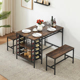 Garvee Dining Table Set for 4, Rectangular Kitchen Table Set with 2 Benches, Wine Rack and Glass Holder, 3 Piece Dining Table Set for Small Space Apartment, Brown - Rustic Brown
