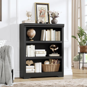 Garvee 3 Tier Bookshelf, 39.4" Tall Farmhouse Bookcase with Adjustable Shelves, 31.5" W Floor Standing Open Display Storage Rack with Anti-Slip Design for Home Office, Balcony, Library, Study / Living Room, Black