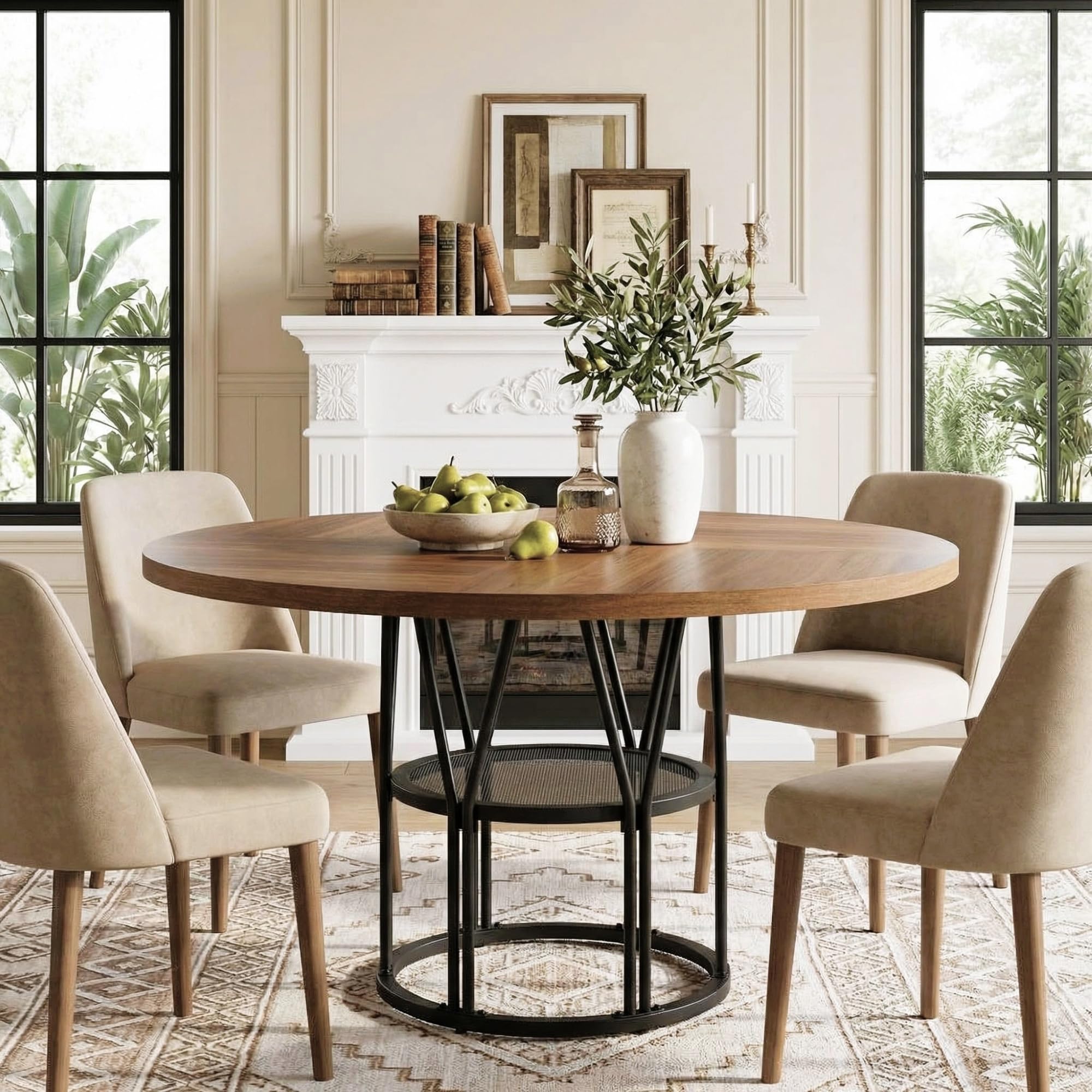 Garvee Round Dining Table for 4-6 with Storage Shelf, Sturdy Metal Fra