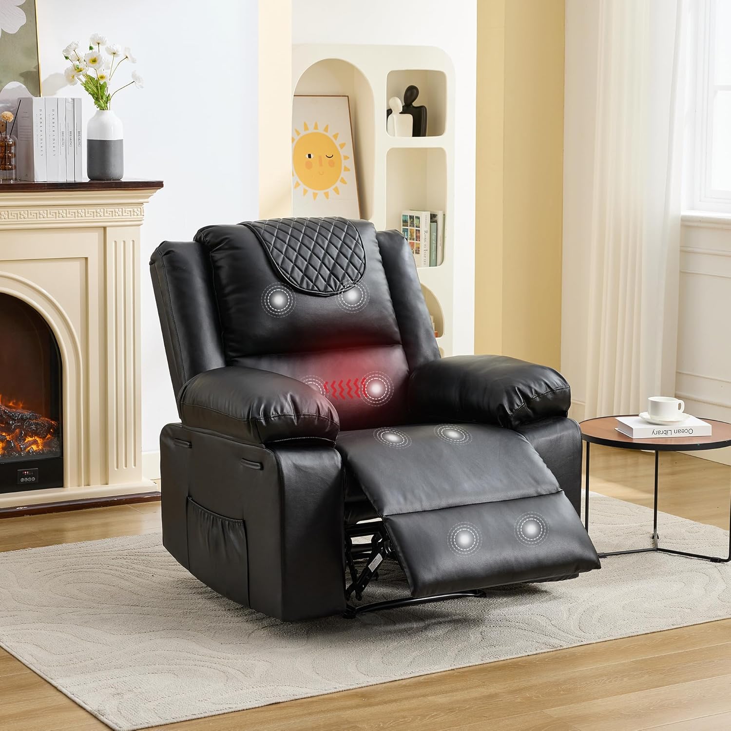 Garvee Manual Massage Recliner Chair with Heating for Adult, PU Leather Recliner Chairs Single Sofa with Side Storage Pockets and Remote Control, Suitable for Living Room/Bedroom, Black