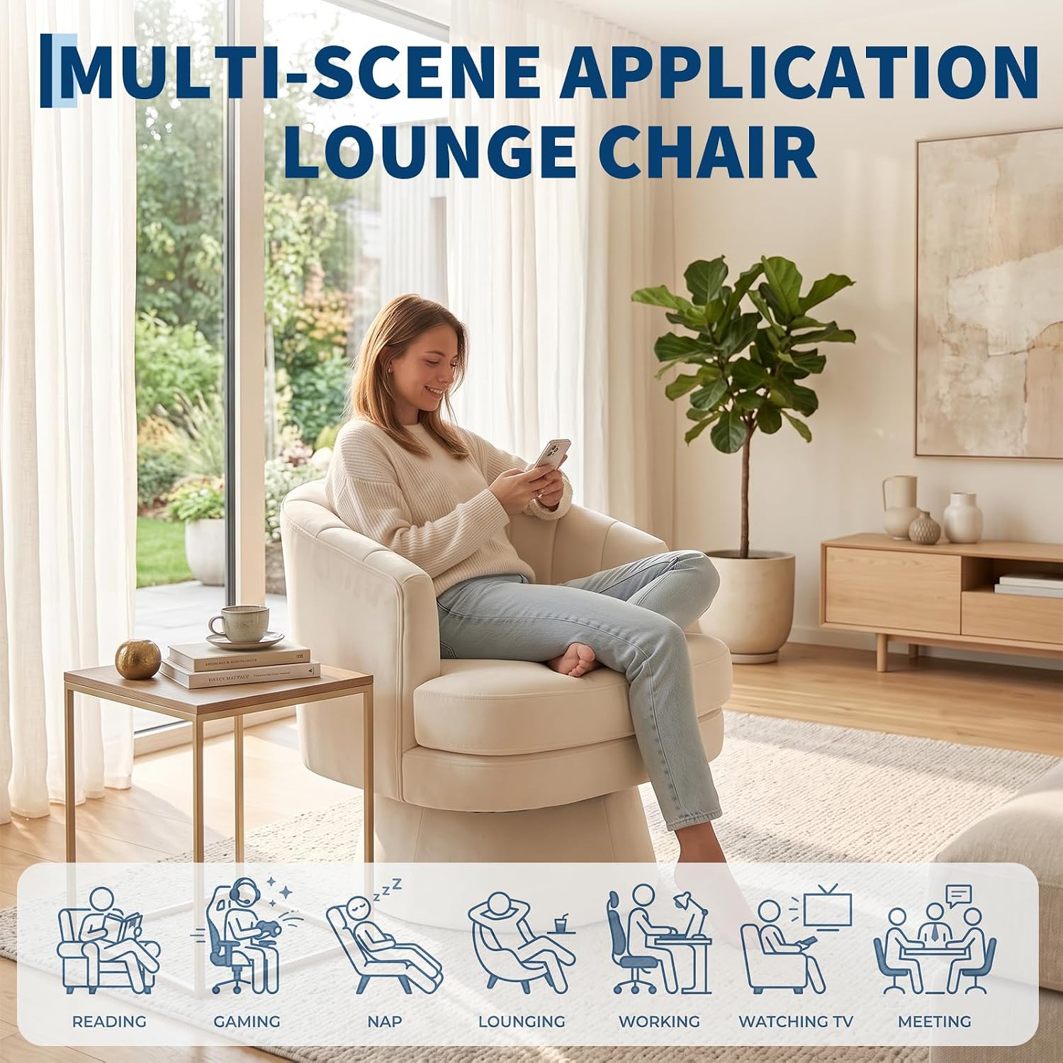 Garvee 360° Swivel Barrel Accent Chair with Lumbar Pillow, Soft Upholstered Single Armchair, Round Base for Living Room/Bedroom/Vanity - With lumbar pillow | velvet | beige